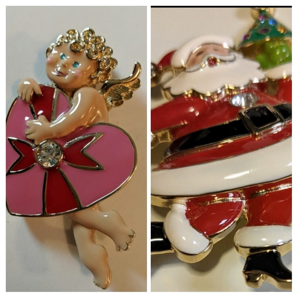 Bob Mackie SET Cupid and Santa brooch.